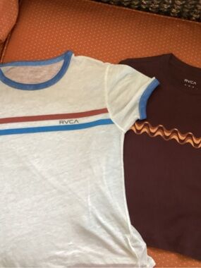 RVCA White Ringer Tee with Blue & Red Stripes and Maroon Graphic Tee